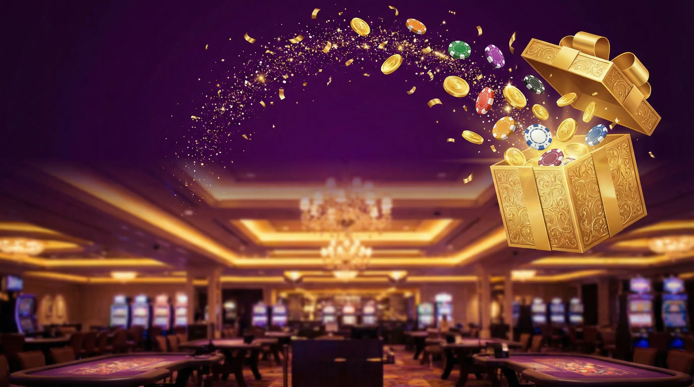 Caja de regalo dorada con monedas y fichas de casino volando