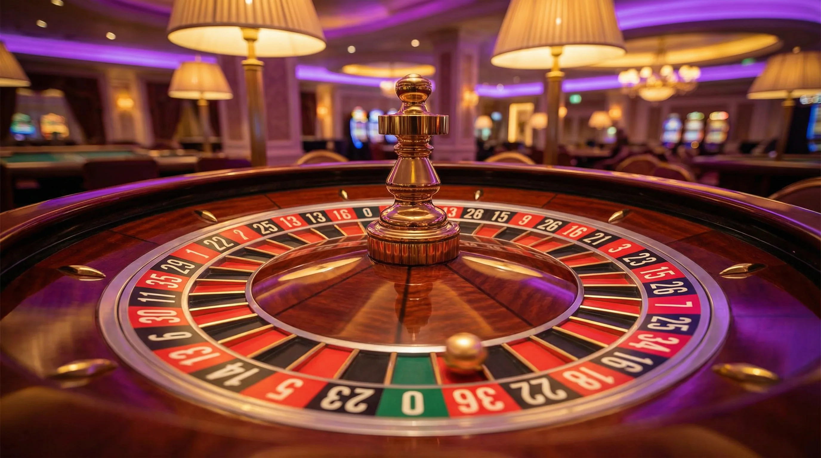 Ruleta europea de casino con números rojos y negros girando
